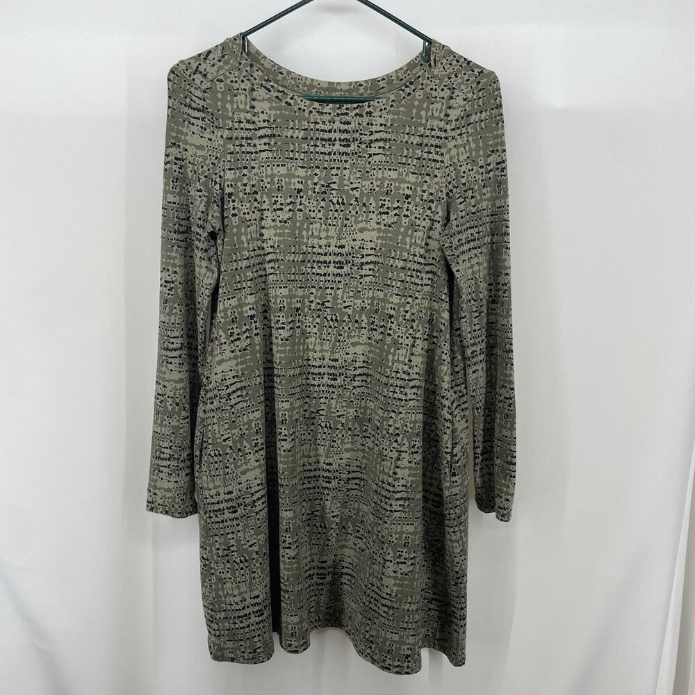 PACT Size S Organic Cotton‎ Swing Dress Long Sleeve Pockets Olive Green Abstract